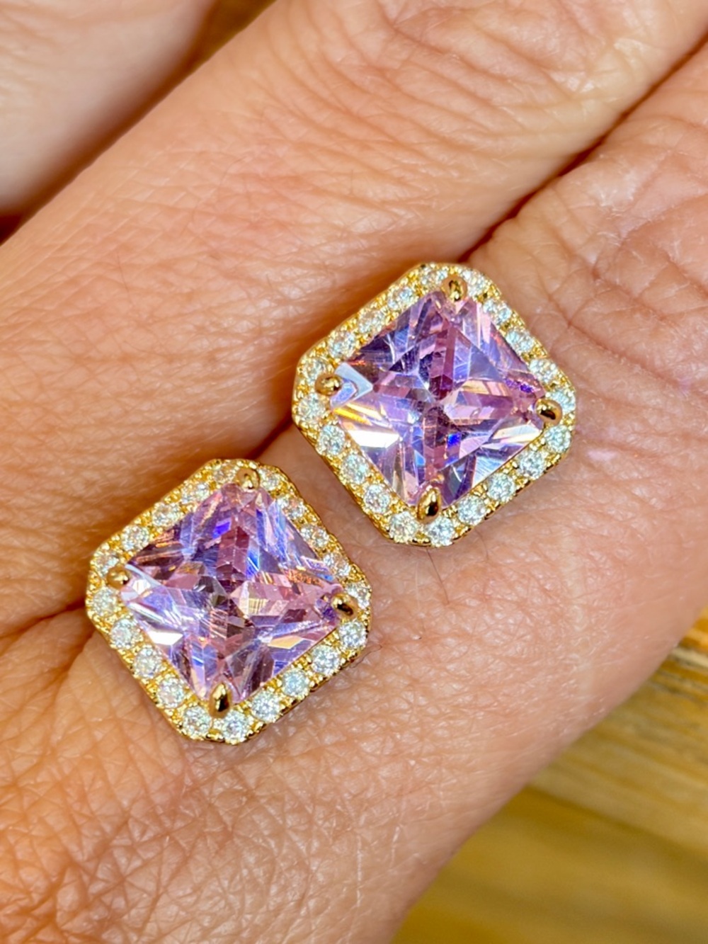 Brand New Fancy Gold Tone Pink Asscher Cut cubic zirconia Stone Earrings